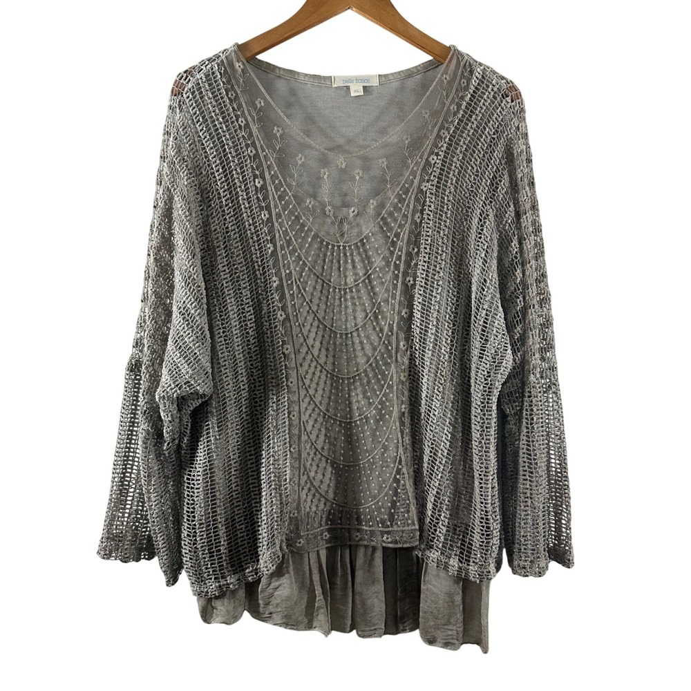 Belle France Italy Beige Crochet Embroidered Beaded Layered Tunic Top XL Boho